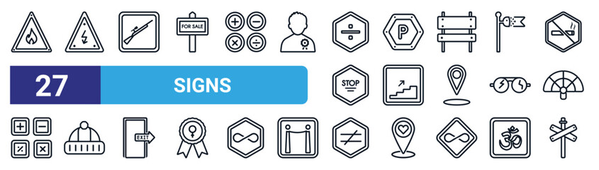 Wall Mural - set of 27 thin line signs icons such as fire triangular, arrow bolt, hunting zone, parking hexagonal