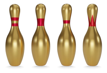 Wall Mural - Realistic gold bowling pins with red stripes isolated on white background. Golden Bowling icon. 3D vector illustration.