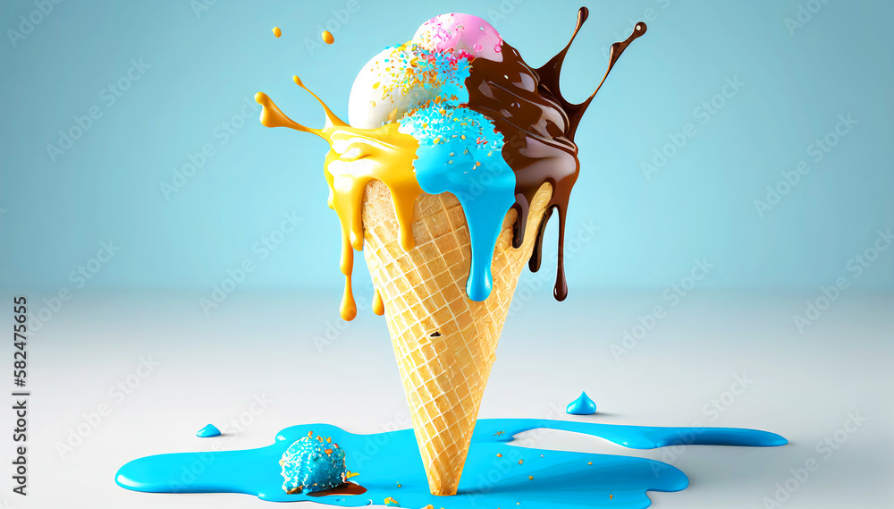 This illustration depicts a melting ice cream cone in a variety of ...