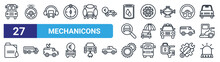 Set Of 27 Thin Line Mechanicons Icons Such As Bus Front View, Police Car With Steering Wheel, Car And Headphones, Cart Wheel, Car With An Umbrella, Lorry Side View, Two Cogwheels, Beacon On Vector