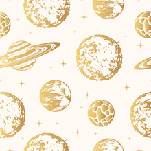 Golden Celestial Planets And Stars. Hand Drawn Space Seamless Pattern. Vector Illustration For Background, Textile, Texture And Wrapping Paper.