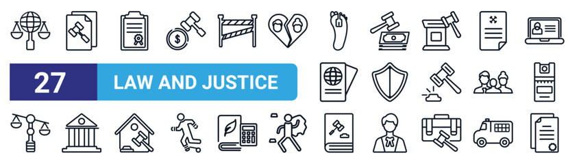 Wall Mural - set of 27 thin line law and justice icons such as international law, documents, policy, inheritance 