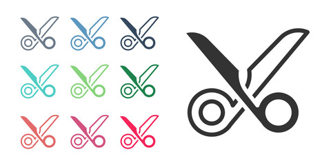 Sticker - Black Scissors icon isolated on white background. Cutting tool sign. Set icons colorful. Vector