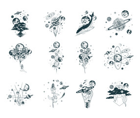 Celestial space compositions isolated set. 12 hand drawn vector illustrations of mystical planets, galaxy, stars, whales and trees for poster, tattoo and greening card.