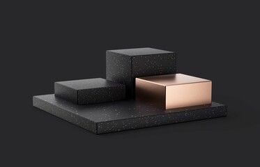 Sticker - 3D rendering of a rose-gold cube with 3 spotted black cubes isolated on a dark gray background