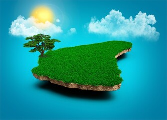 Illustration of a realistic 3D map of Barbados on a bright blue sky background with sun and clouds
