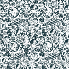 Wall Mural - Hand drawn space seamless pattern with planets and stars. Black and white cosmic vector illustration for background, textile, texture and wrapping paper.