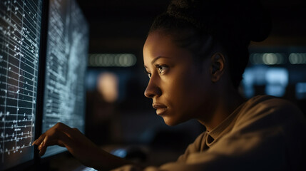 A black business woman looks at the big monitor screen. Generative AI
