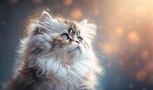  A Cat With Blue Eyes Looking Up At Something In The Sky.  Generative Ai