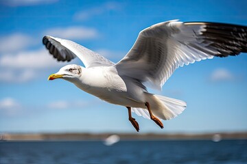 Canvas Print - Seagull soaring with wings spread wide against a background of blue sky. Generative AI