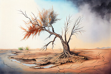 Climate change withered tree and dry earth, watercolor oil painting effect. Generative Ai