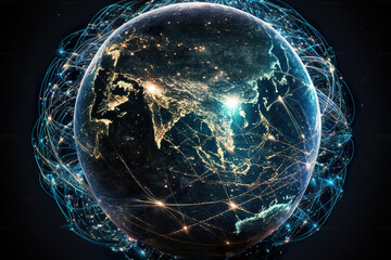 Wall Mural - Space view of internet, global business, cyberspace connection lines. Telecommunications technology with connections around the Earth. Business innovation AI generated illustration.