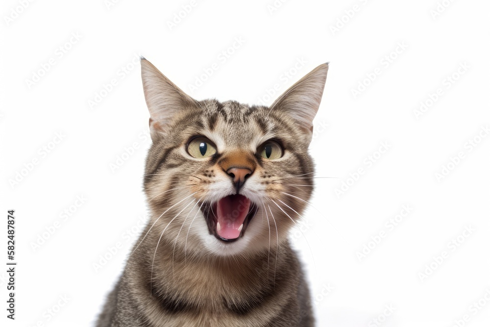 Isolated on a white background, a cat with a comical expression and its ...
