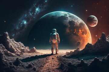 Amazed astronaut on the moon surface watches another planet. Space and universe exploration concept. Ai generated