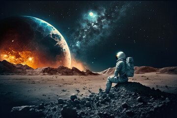 Wall Mural - amazed astronaut on the moon surface watches another planet. space and universe exploration concept.