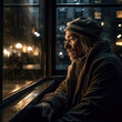 Generative AI - A homeless man looking out a window at the city lights at night time, with a hat on his head, cinematic photography, a character portrait, art photography