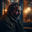 Generative AI - A homeless man with a beard and a beard sitting in a chair looking at the camera with a sad look on his face, cinematic photography, a character portrait, neoplasticism