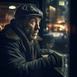 Generative AI - A homeless man sitting at a window looking out the window at the street at night with a hat on his head, cinematic photography, a character portrait, art photography