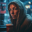 Generative AI - A homeless woman with a coffee looks out a window at the street outside at night, with a rain shower, cinematic photography, a character portrait, neoism