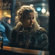 Generative AI - a homeless woman sitting at a bar looking out the window at the street lights and people behind her, with a bottle in the foreground,  cinematic photography, a character portrait