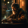 Generative AI - A homeless man with a beard sitting at a table with a cup of coffee in front of him and looking out the window, cinematic photography, a character portrait, photorealism
