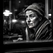 Generative AI - A homeless woman looking out a window at a street light and a cup of coffee in front of her, with a scarf on her head, a black and white photo, art photography