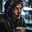 Generative AI - A homeless woman with a hood on holding a cup of coffee in her hand and looking at the camera with a serious look on her face,  a character portrait, neoism