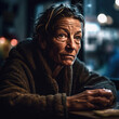 Generative AI - A homeless woman sitting at a table and a blurry background of a city, cinematic photography, a character portrait, neoism