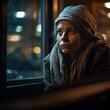 Generative AI - A homeless woman looking out a window at the night time lights of a city street are reflected in the window, cinematic photography, a character portrait, neoplasticism