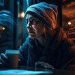 Generative AI - A homeless woman sitting at a table with a cup of coffee in her hand and looking at the camera with a serious look on her face, affinity photo, american realism