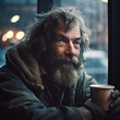 Generative AI - A homeless man with a beard and a beard holding a cup of coffee in his hand and looking out a window,  portrait photography, a character portrait, american realism