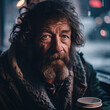 Generative AI - A homeless man with a beard and a cup of coffee in his hand is looking at the camera with a serious look on his face,  portrait photography, a character portrait, neoism