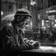 Generative AI - A elderly homeless man sitting at a window with the rain running down while he is waiting for someone to come,  cinematic photography, a black and white photo, art photography