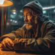 Generative AI - A homeless man sitting at a table with a lamp in front of him and a window behind him with a rain storm coming in, cinematic photography, a character portrait, neoplasticism