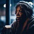 Generative AI - A homeless African American woman with a hat and scarf holding a cup of coffee in her hand and looking away from camera, cinematic photography, a character portrait, neoplasticism
