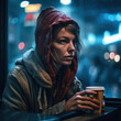 Generative AI - A homeless woman with a hood on holding a cup of coffee in front of a window at night time with a city street in the background, cinematic photography, art photography