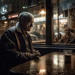 Generative AI - A elderly homeless man sitting at a table in a restaurant looking out the window at the street at night time, cinematic photography, a character portrait, art photography