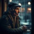 Generative AI - A homeless man sitting at a table with a cup of coffee in front of him and looking out the window, cinematic photography, a character portrait, art photography