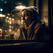 Generative AI - A young homeless woman sitting at a window looking out at the street at night time, with a cup of coffee in front of her, cinematic photography, a character portrait, art photography
