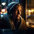 Generative AI - A homeless woman looking out a window at the street outside at night with a cup of coffee in her hand, cinematic photography, a character portrait, neoism