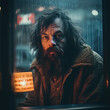 Generative AI - A homeless man with a long beard looking through the window of a restaurant, cinematic photography, a character portrait, post minimalism