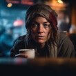 Generative AI - A homeless woman with a scarf on her head holding a cup of coffee in her hand and looking at the camera, a character portrait, neoism