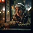 Generative AI - A homeless woman sitting at a table with a drink in front of her and a window behind her, cinematic photography, a character portrait, art photography