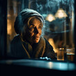 Generative AI - An elderly homeless woman looking out a window with a lit candle in the corner, cinematic photography, a character portrait, art photography