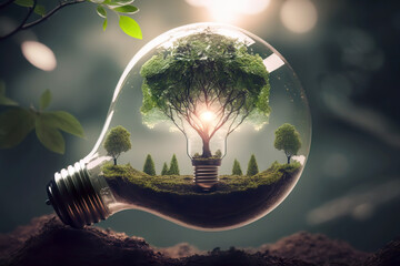 Wall Mural - In the name of Electric Energy and energy saving, for environmentally friendly energy sources. Green tree inside the bulb.AI generated illustration.