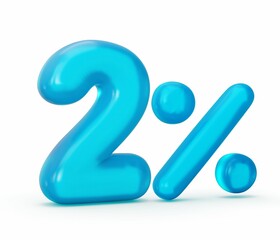 3d rendering of a number 2 percent made of blue jelly isolated on a white background.