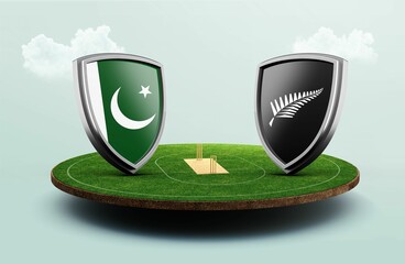 3D rendering of Pakistan vs New Zealand cricket flags with shield on Cricket stadium