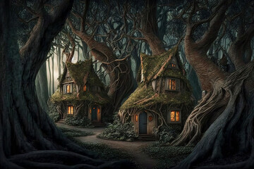 Wall Mural - Fantasy houses in forest, fairytale overgrown huts at night, illustration, generative AI