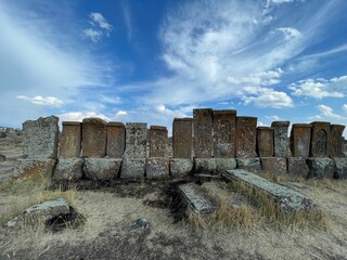 ancient khachkars in the historical cemetery of noratus in armenia