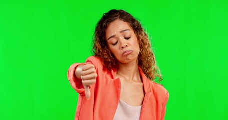 Canvas Print - Woman, studio and thumbs down by green screen background with sad face, negative answer and no. Model, girl portrait and bad review with mock up, hand icon and sign language communication by backdrop